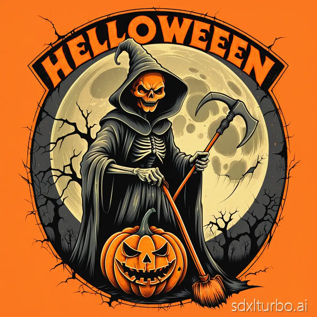 Retro Helloween T-shirt design, inspired by 70s horror movie posters, eerie pumpkin-headed figure holding a scythe, distressed film grain effect, creepy old lettering that says 'HELLOWEEN – NIGHT OF THE PUMPKINS', bold orange and faded yellow colors, cracked vintage print texture, centered graphic, vector design, no background.