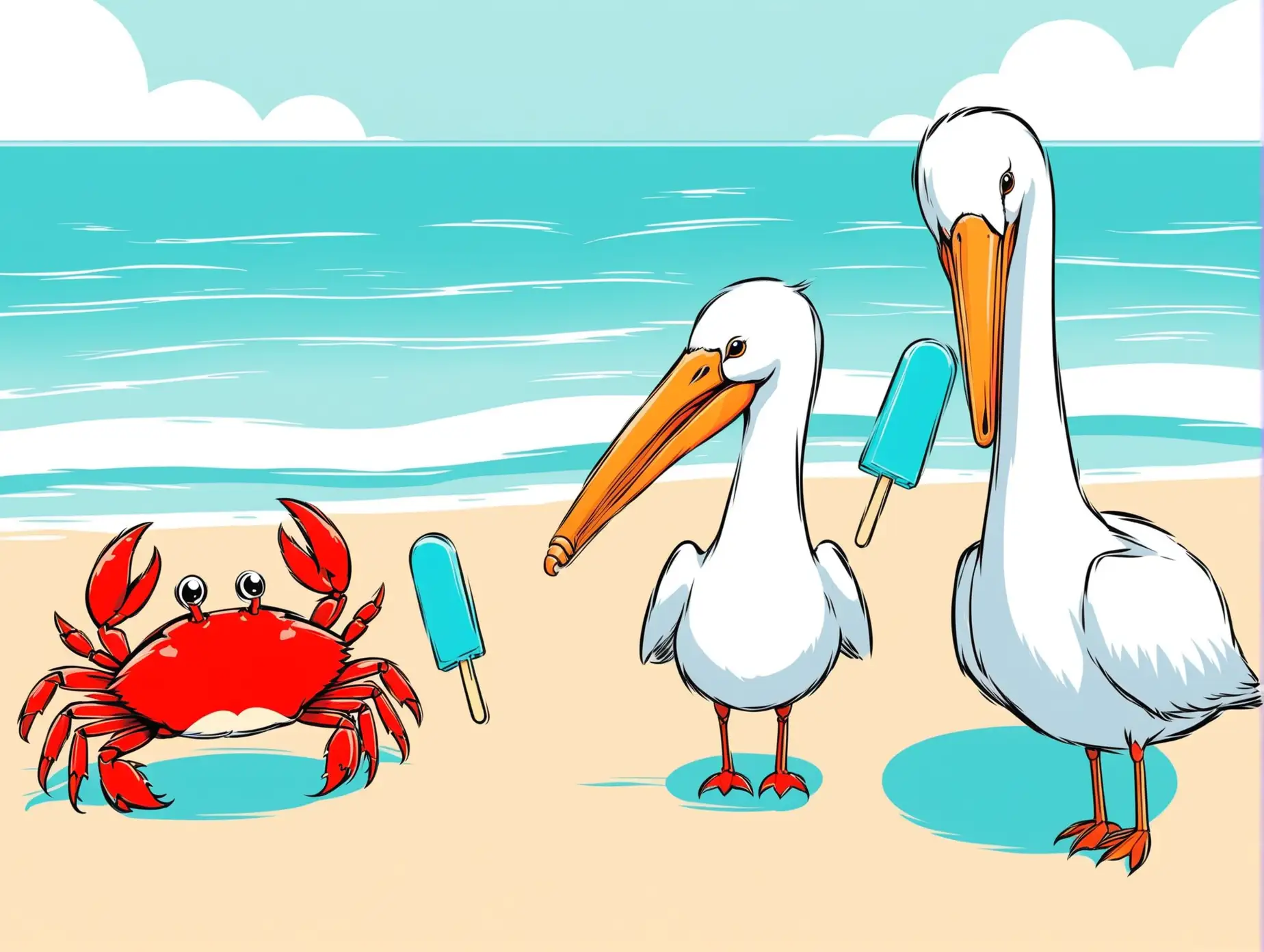 Crab and Pelican Beach Scene with Popsicle Interaction