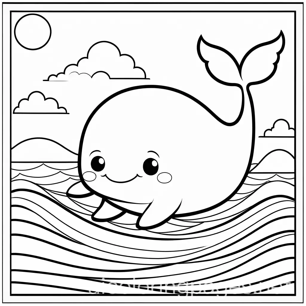 happy cute whale smiling coloring page for toddlers, Coloring Page, black and white, line art, white background, Simplicity, Ample White Space. The background of the coloring page is plain white to make it easy for young children to color within the lines. The outlines of all the subjects are easy to distinguish, making it simple for kids to color without too much difficulty