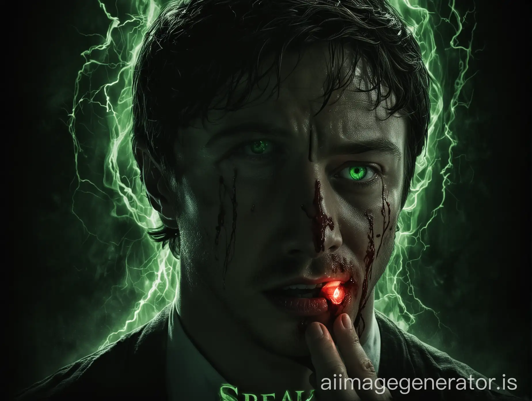 Speak No Evil movie poster, James McAvoy, horror, blood, green lightning, dark background, glowing object