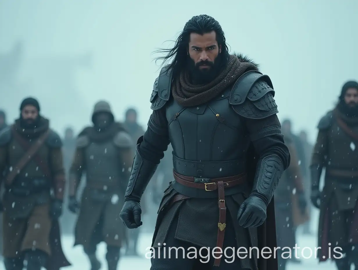 Indian-Male-Muscular-Warrior-Combatting-Enemies-in-Snowy-Foggy-Weather