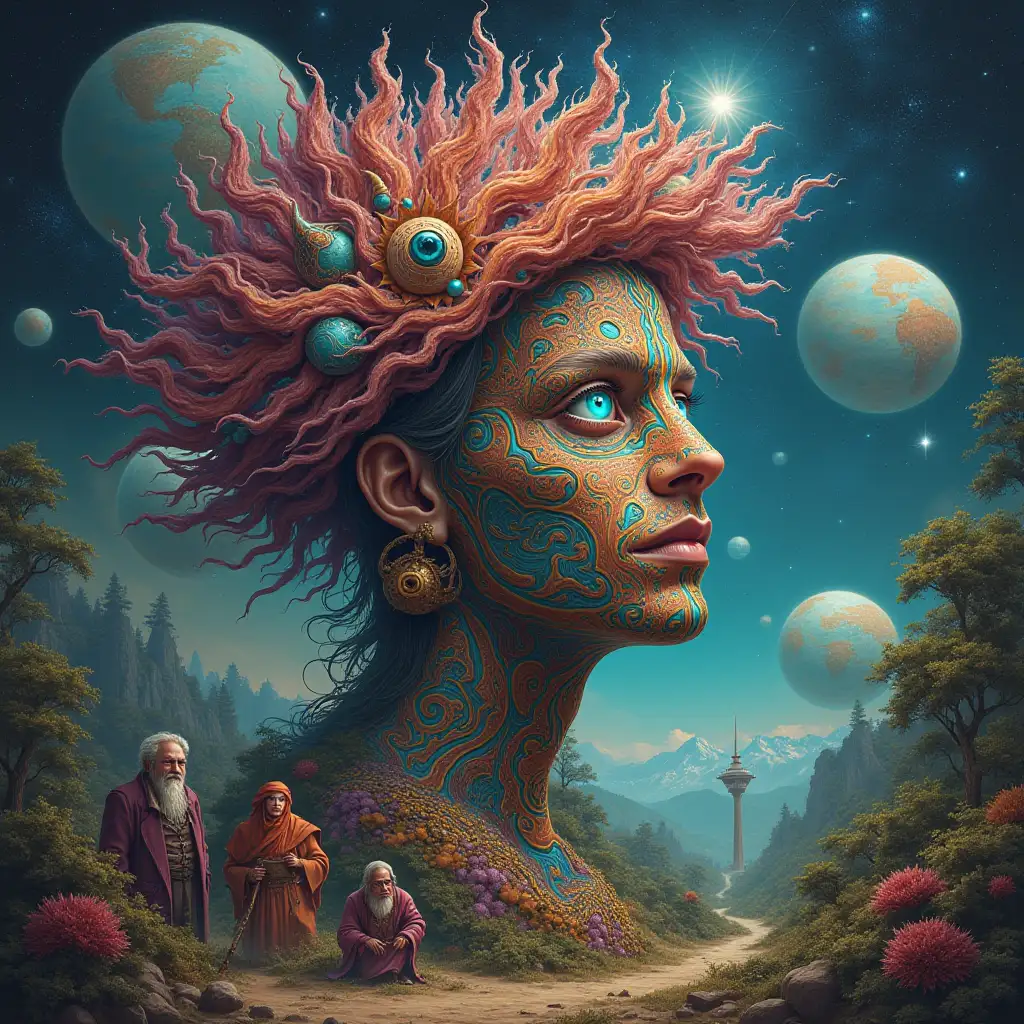 Hyperrealistic portrait of a multiverse time traveler and various strange beings The elaborately detailed, colorful forested planets in the background