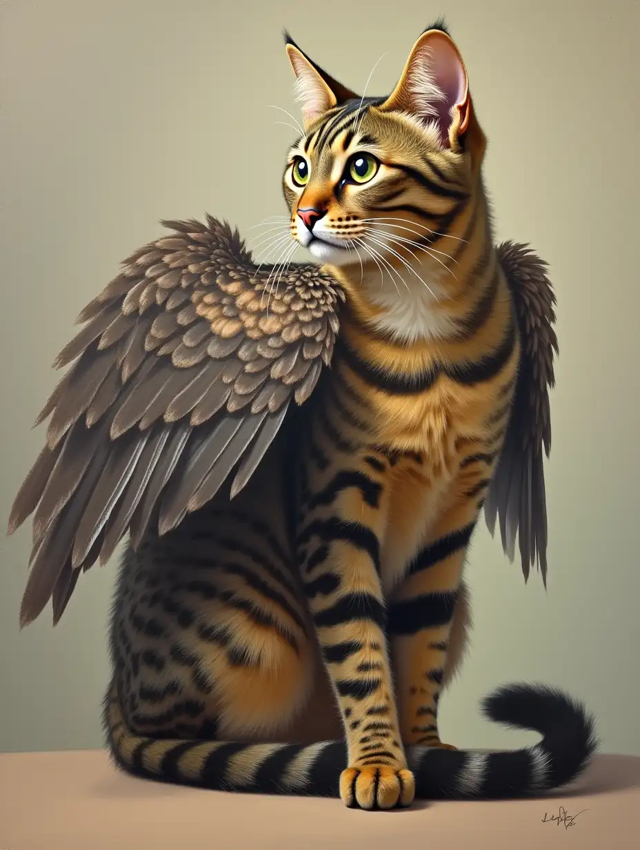 An oil painting of an elderly tabby munchkin cat with giant bird wings growing on its back.