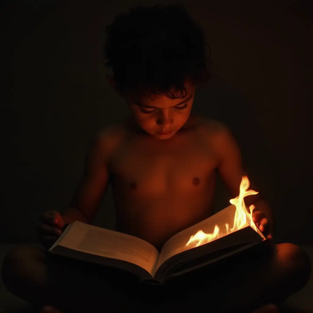 Shirtless-Black-Boy-Reading-a-Book-by-Firelight-in-Darkness