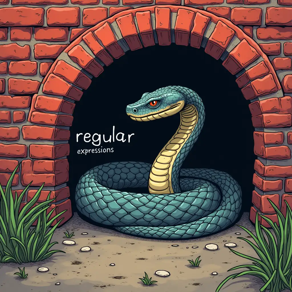 draw a python coming out from under a brick wall. There should be an inscription 'regular expressions' on the wall. The python should look at the inscription and open its mouth. The image should be drawn in cyberpunk style.