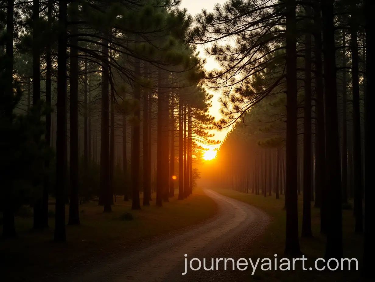 Golden-Sunset-Through-Pine-Trees-on-a-Serene-Forest-Path