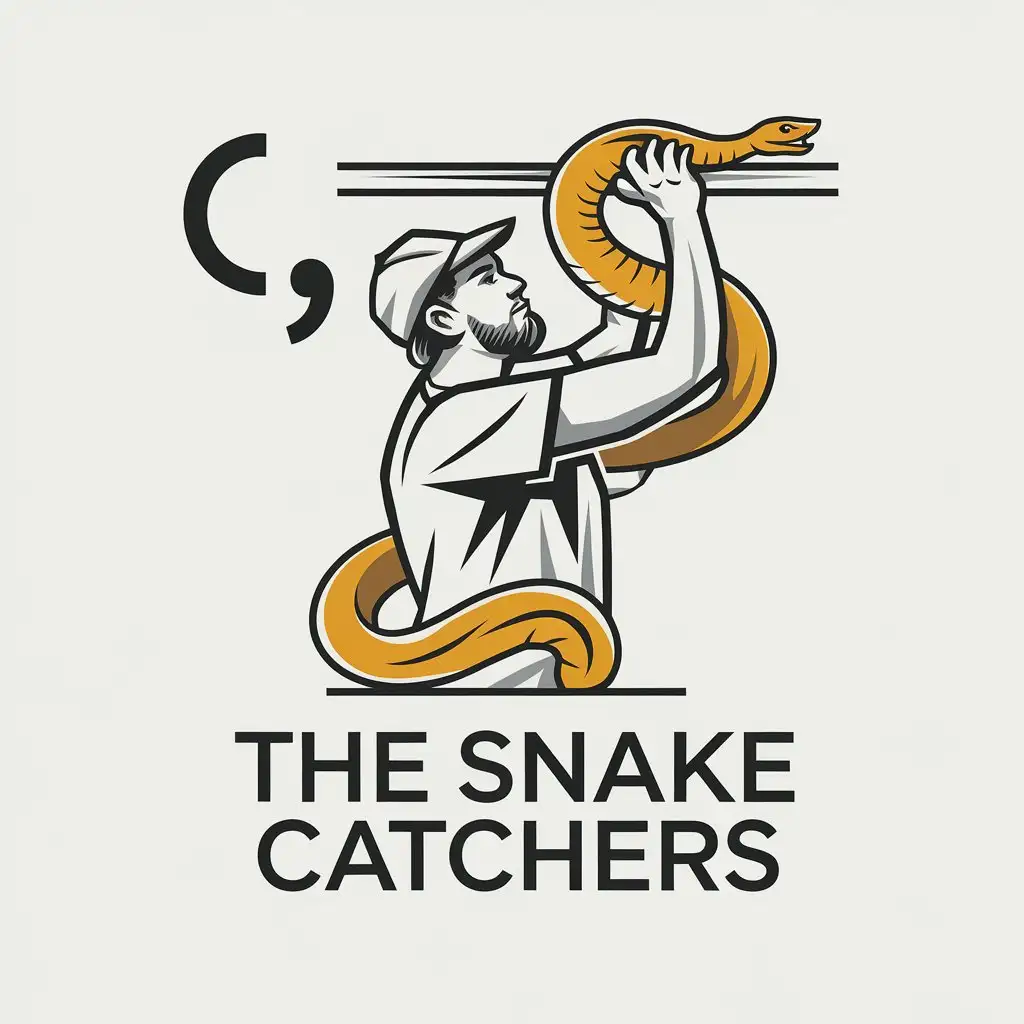 LOGO Design for The Snake Catchers Minimalistic Yellow Snake with Stylized Man and Clear Background