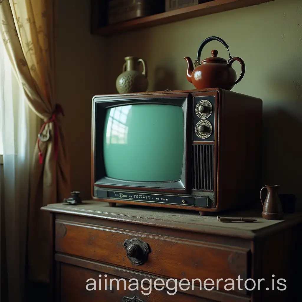 picture showing an old TV with an old radio and a teapot in a simple environment