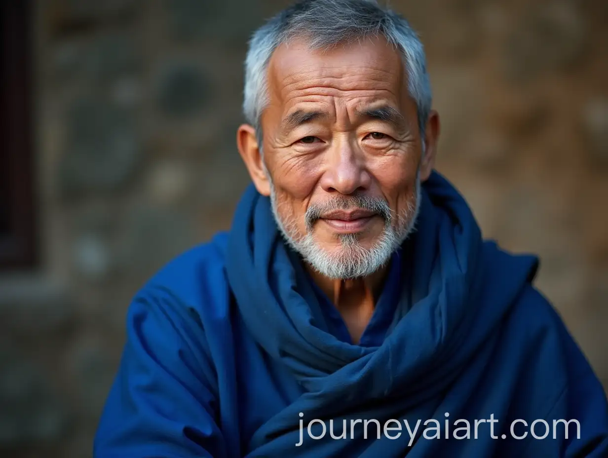 Tibetan-Monk-in-Blue-Clothing-Aged-40-with-Gray-Hair-and-Beard