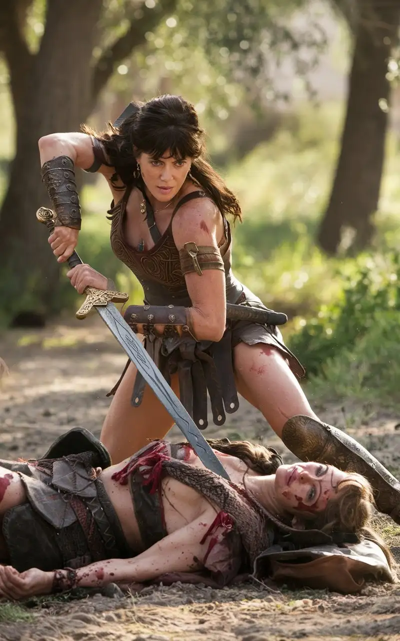 Charlize-Theron-as-Xena-Stabbing-Enemy-with-Sword-in-Battle-Scene