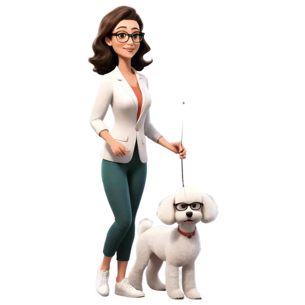 Cartoon-PNG-Image-Tall-Girl-with-Glasses-and-Poodle-in-Shell-Museum