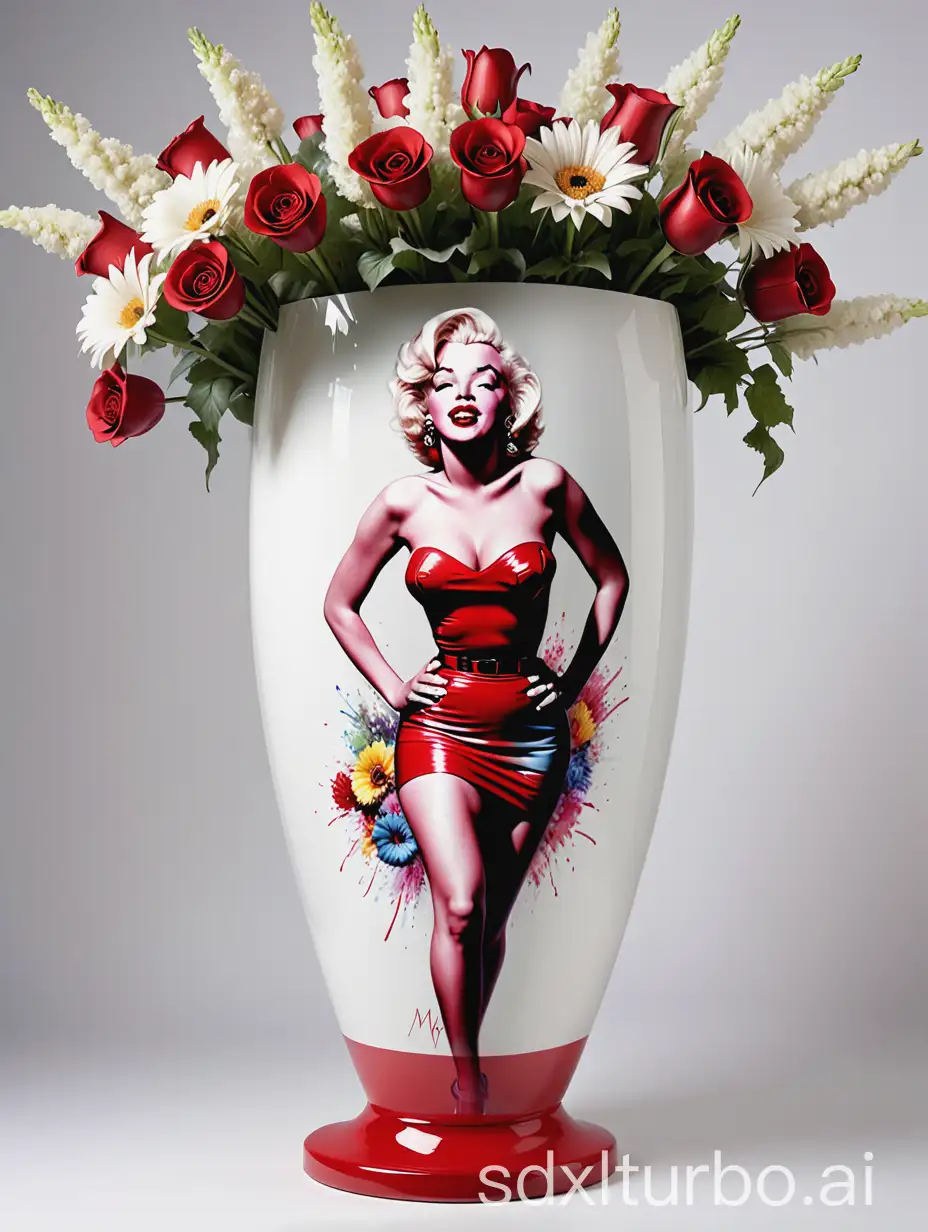 A large white vase decorated with flowers of various colors and decorated with an image of a hyper-realistic Marilyn Monroe with her short red skirt moving in the wind