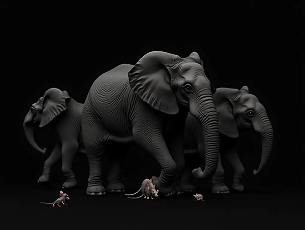 Create an image of elephants and mice with a black background