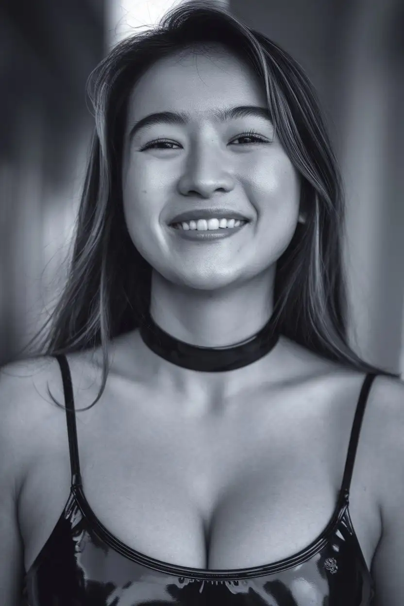 Portrait of a Chinese beauty，18 yo,  with long hair, wearing a narrow tight black latex choker,,smiling, from face to chest, her face obscured and not clear, with soft focus, hard light, using dark, white and gray colors, a blurred background, a portrait shot from a long shot