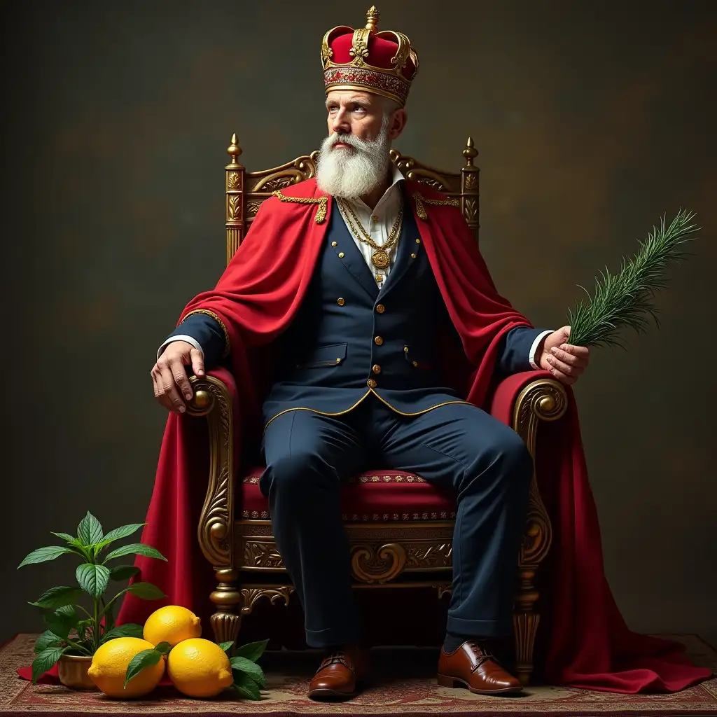 an emperor standing on his throne, his leg bent over the other to form a 4, his suit is dark blue, his pants are dark blue, he has a red jacket, his crown is red edged with gold, rosemary and lemon and basil around his throne, he looks to his right, he holds rosemary in his right hand