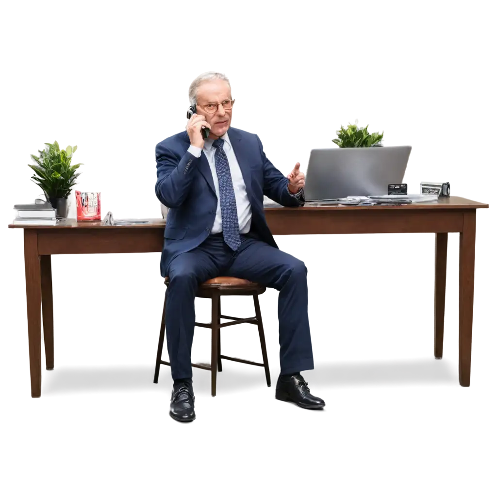 a 70-year-old executive sitting at his desk and talking on his phone