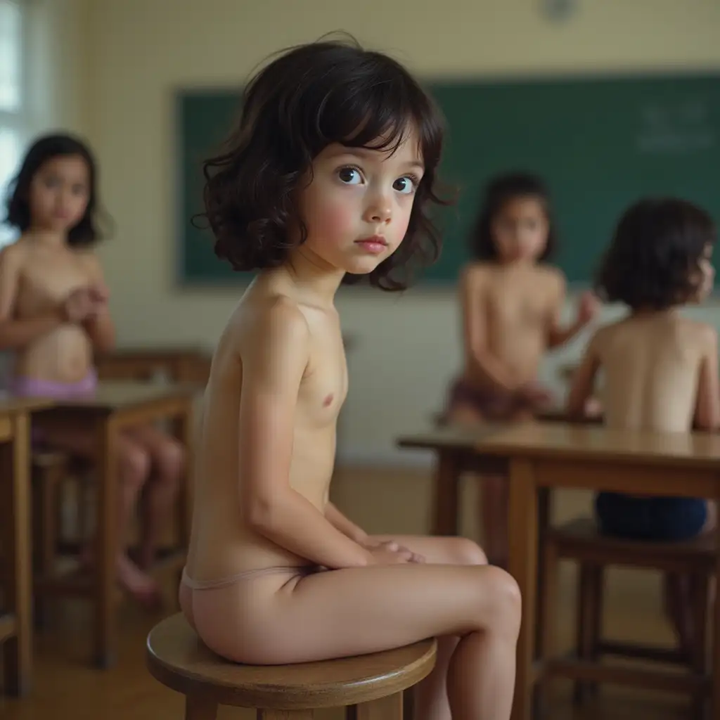 Group-of-Young-Girls-Sitting-in-Classroom-on-Wooden-Stools