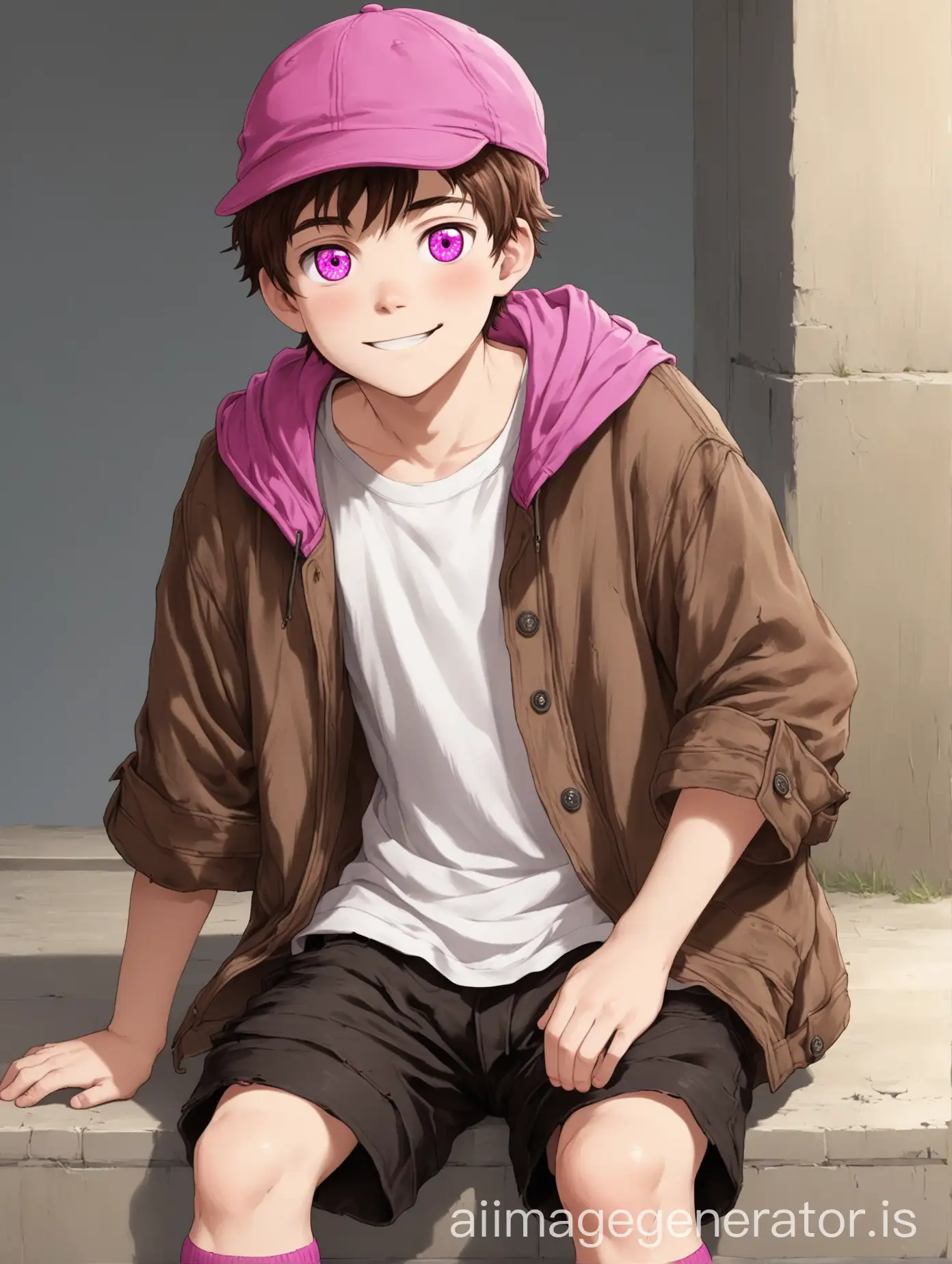 A teenager of 17 years old. Of average size and build. He has clear magenta eyes. His cheeks are slightly flushed and he smiles very gently. His hair is chestnut brown and short. He wears an old, slightly worn brown cap. He has a white T-shirt with black shorts. He wears a worn brown jacket. He has pink socks.