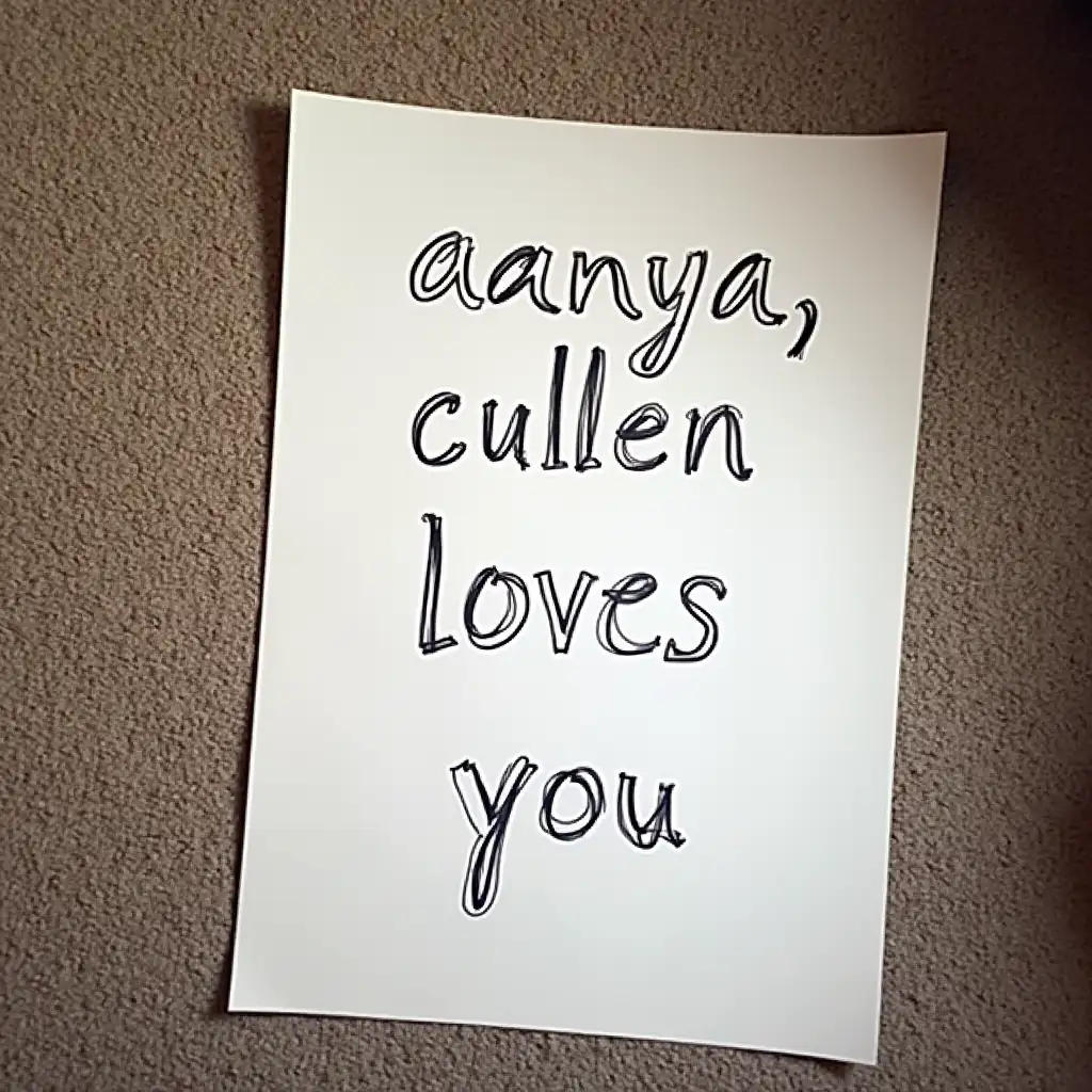 make me a white sign, one you would use for a school project, and have it written in handwriting, preferably bad, to make it realistic, and put “aanya, cullen loves you” on the sign, and have the picture be like a photo picture taken from an iphone, looking top down on the poster with the poster being on the carpet