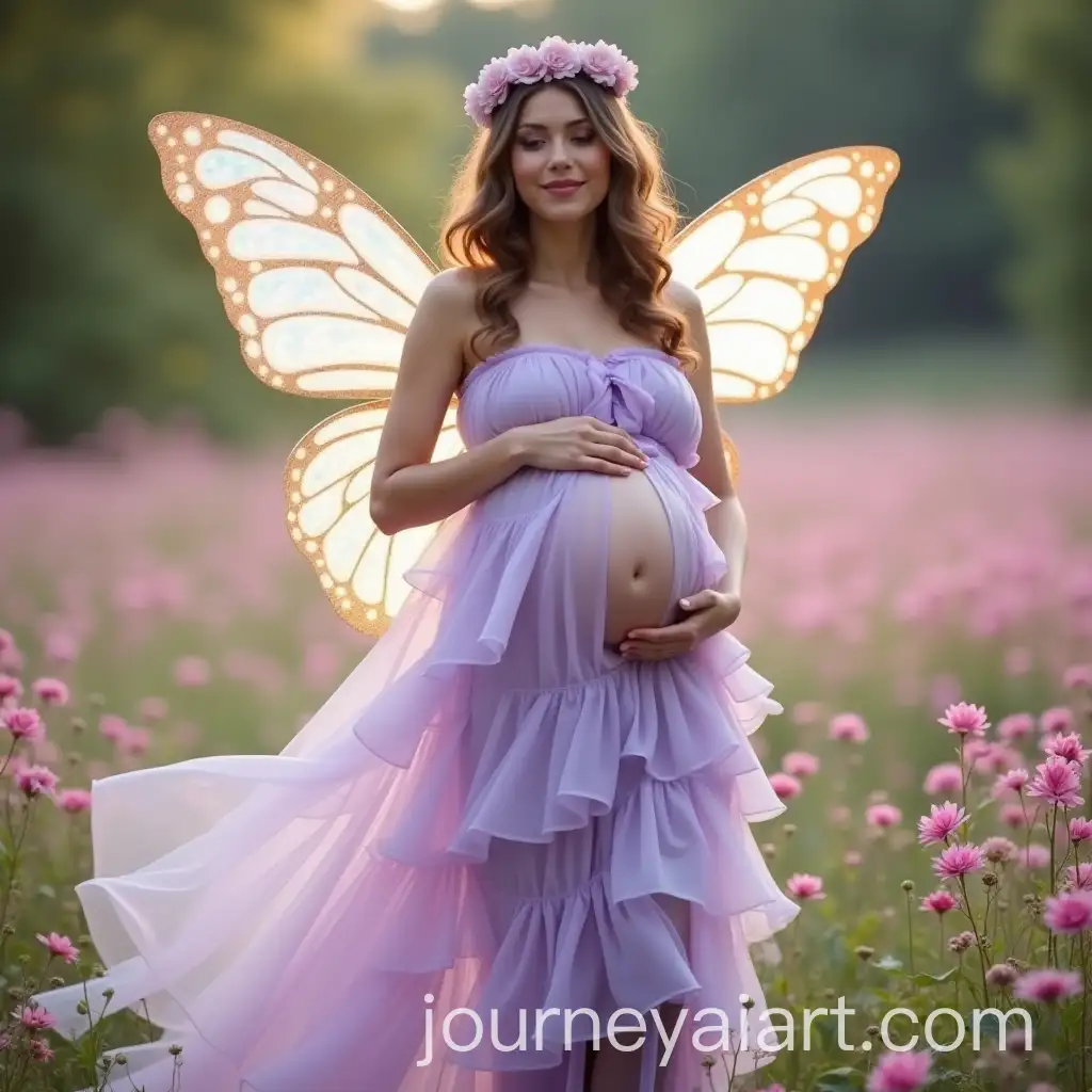 Pregnant-Woman-in-Light-Purple-Fairy-Gown-with-Iridescent-Butterfly-Wings-in-Meadow