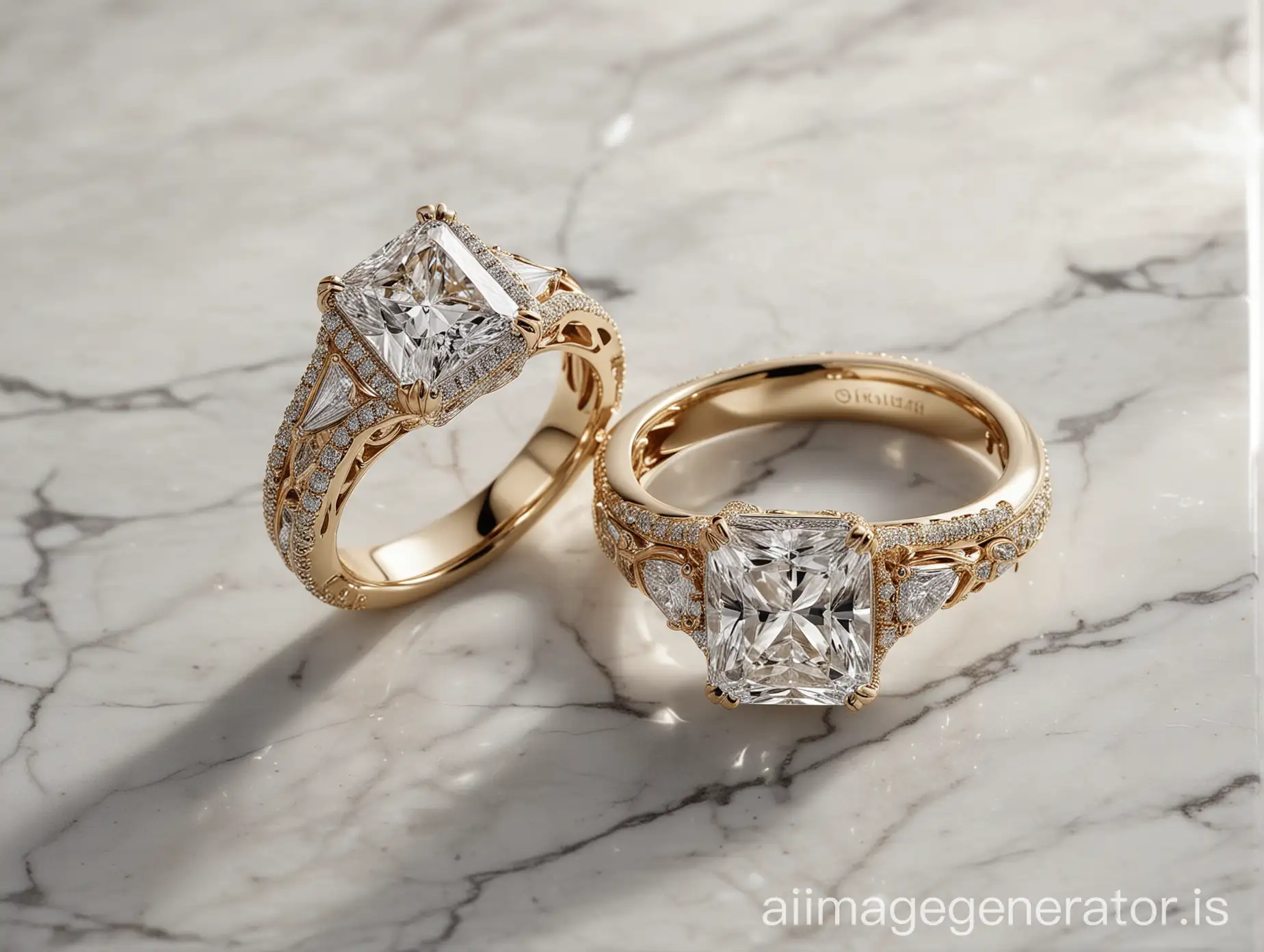 Luxurious-Diamond-Rings-on-White-Marble-Surface