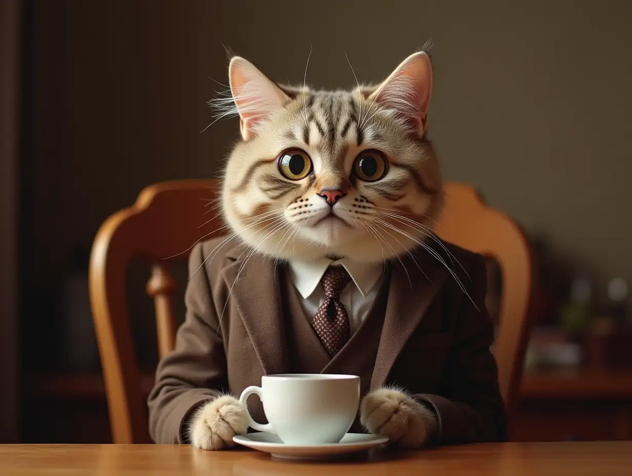 Nekolaso-Cat-in-Brown-Suit-Enjoying-Coffee-with-Gentlemans-Charm