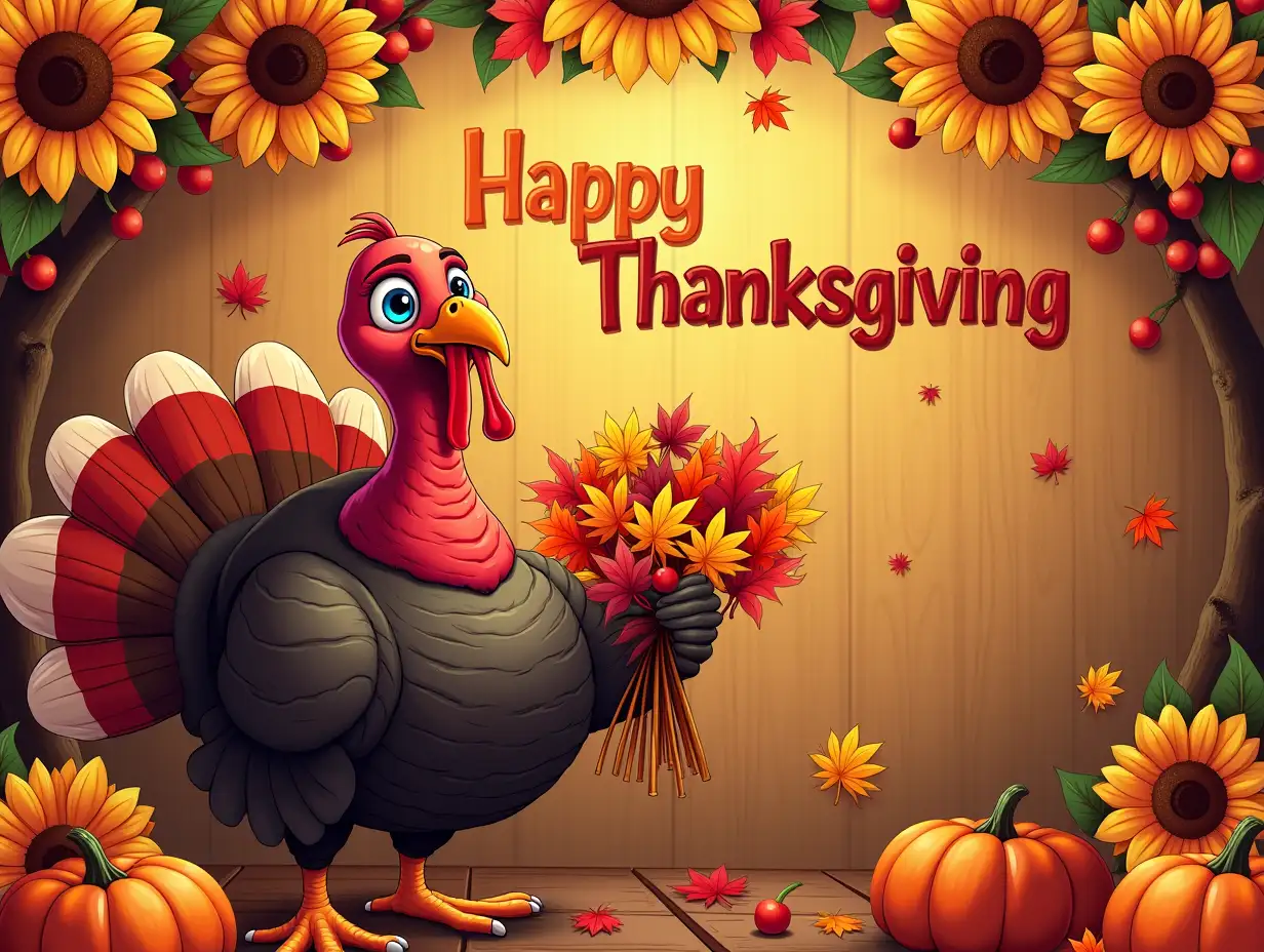 Vector, digital art. A vibrant Thanksgiving scene with a turkey holding a bundle of colorful leaves. The turkey stands in front of a wooden background adorned with sunflowers, berries, and autumn leaves. The overall style is detailed and festive, capturing the essence of the holiday. featuring the word 'Happy Thanksgiving' in bold, between it.