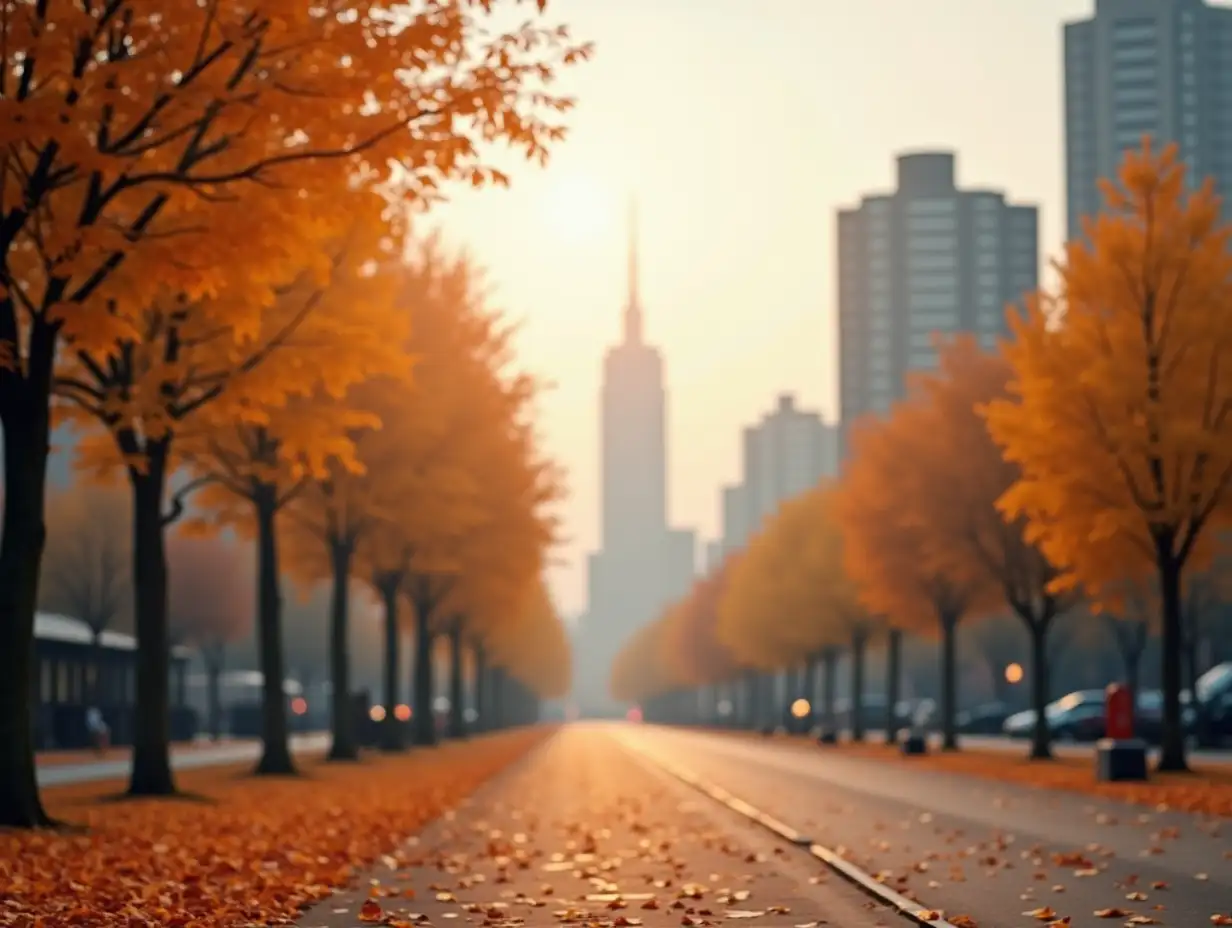 autumn urban background, blurred backdrop, view of the city in October