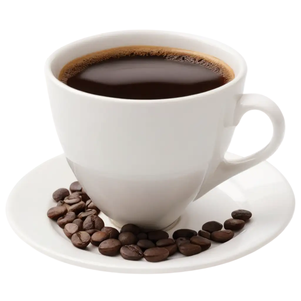 Realistic-White-Coffee-Cup-with-Black-Coffee-and-Scattered-Coffee-Beans-PNG-for-HighQuality-Image-Use