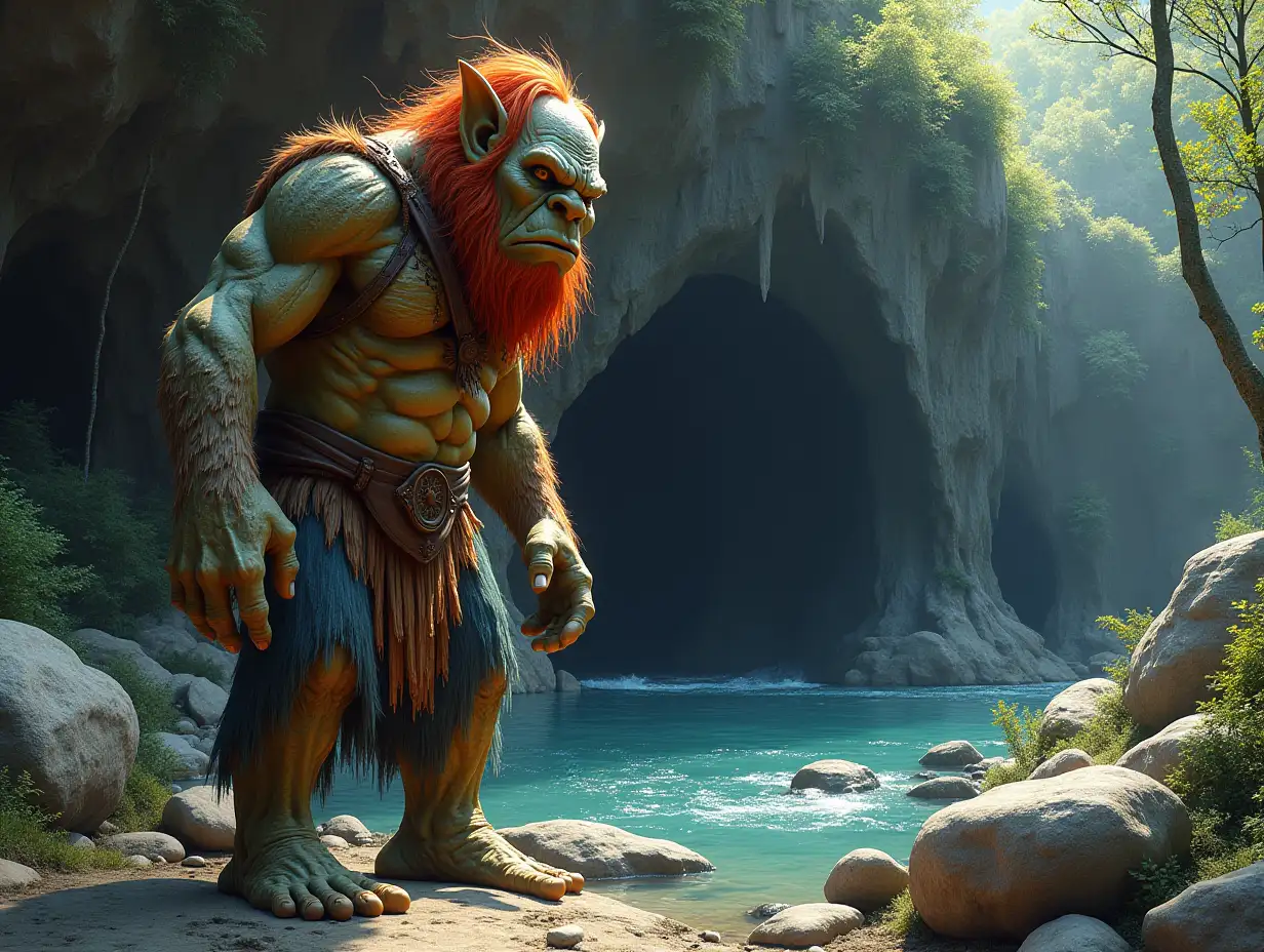 Ultradetailed hyperrealistic 10 meter tall colorful troll in front of a cave entrance by the river with rocks and trees, paying meticulous attention to texture, surface and lighting, to convey depth, dimension and a photorealistic appearance.