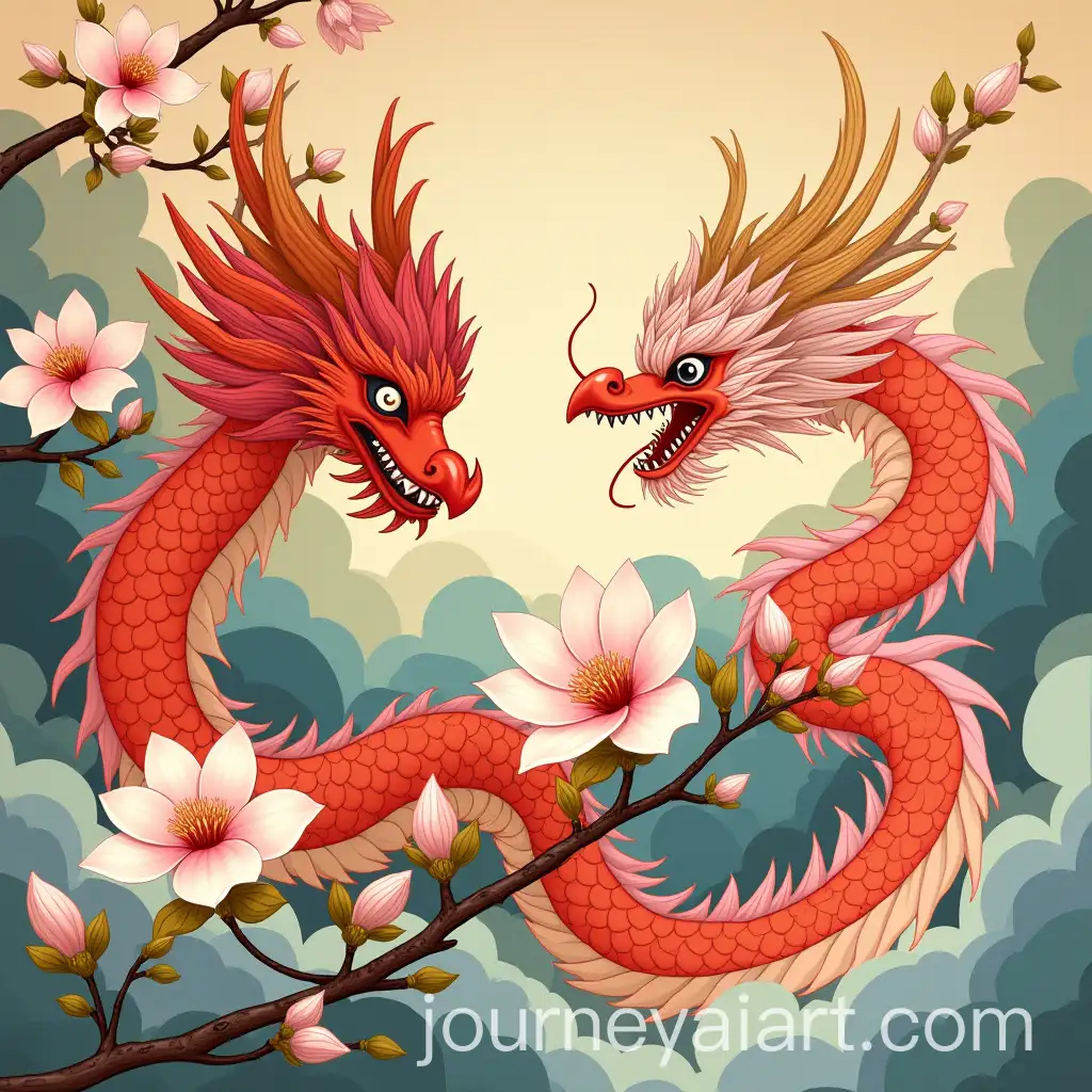 Asian-Dragon-and-Phoenix-Surrounded-by-Magnolia-Blossoms-in-Classic-Tones