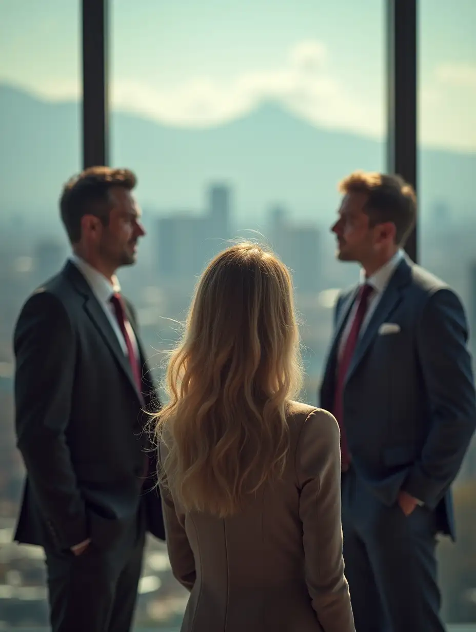 a girl looking from afar at some businessmen