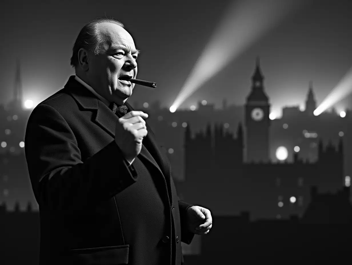 Winston Churchill delivering a powerful speech, with a determined expression, cigar in hand. The background features London during the Blitz, with bombed buildings and searchlights illuminating the night sky.