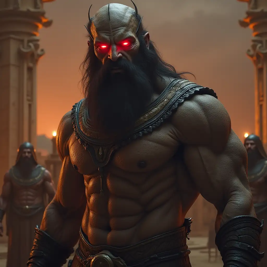 Man Titan with dracula head glowing red eye,mustag beard 10 meters tall with muscles, who is with many people in Egyptian