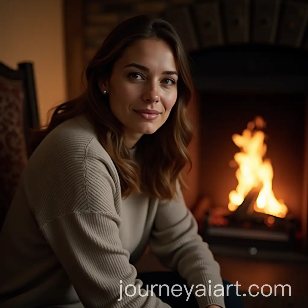 Serene-and-Affectionate-Woman-Seated-by-Fireplace