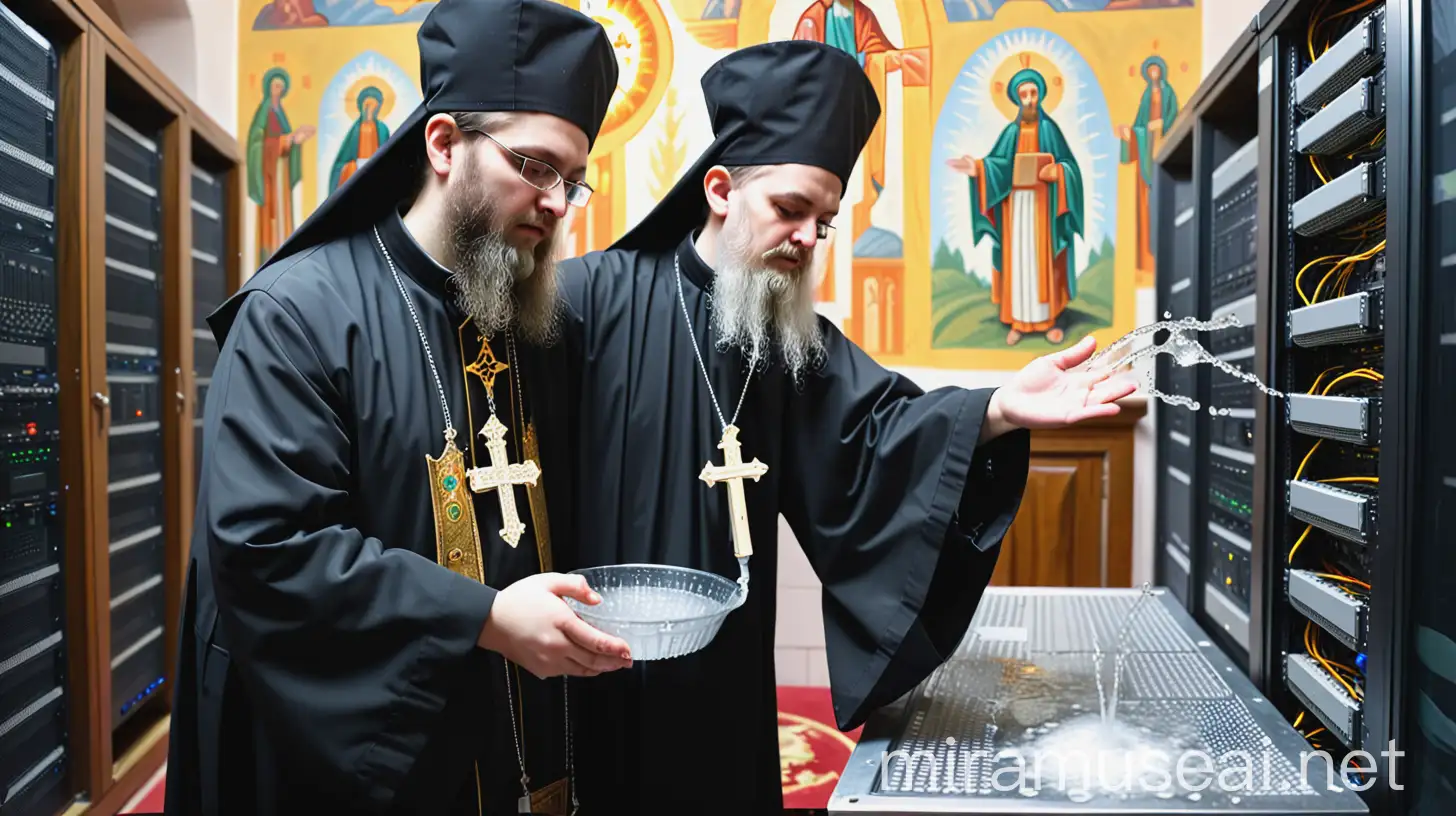 Orthodox Priest Sprinkling Holy Water on Server Equipment