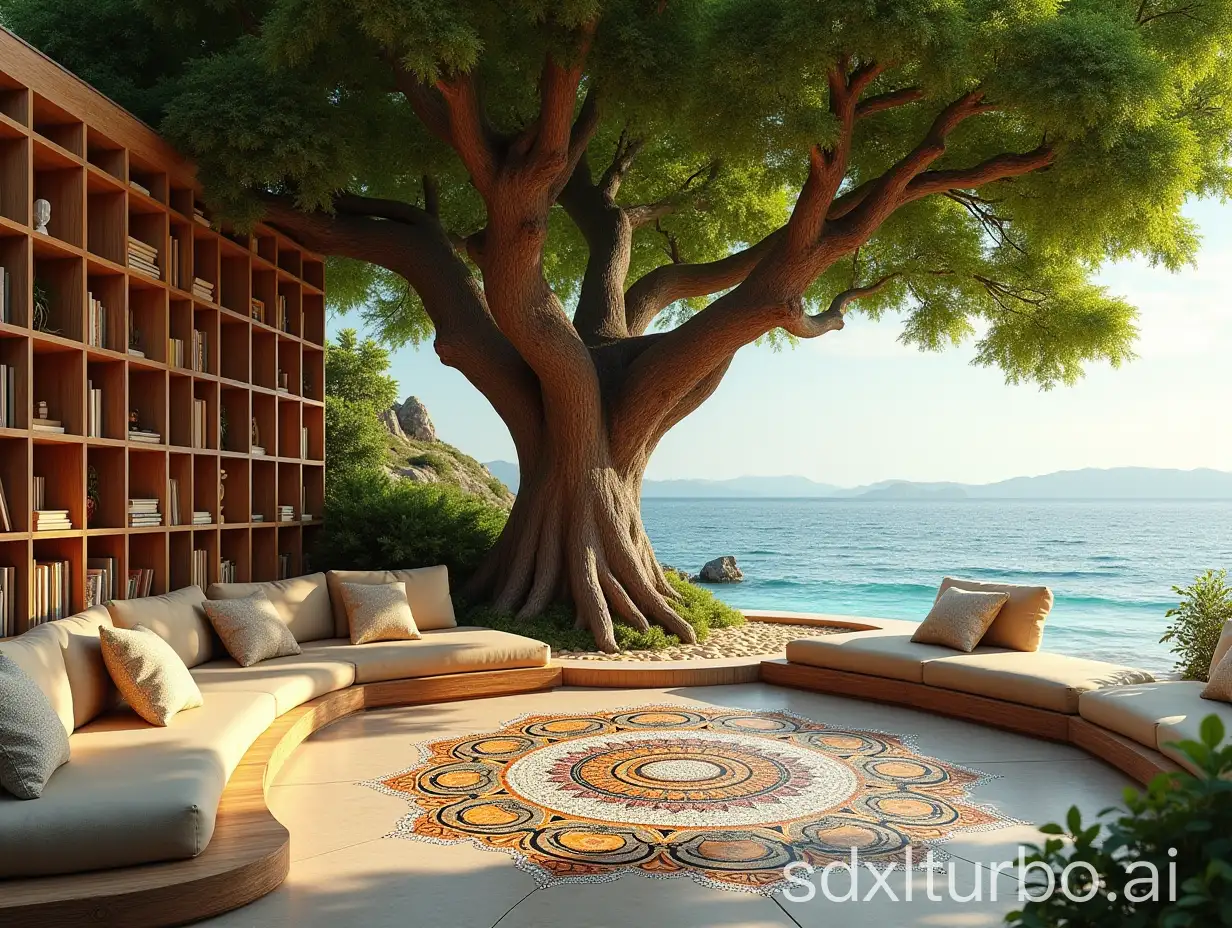 Yoga-Meditation-under-Oak-Tree-with-Sea-View-and-Mandala-Mosaic