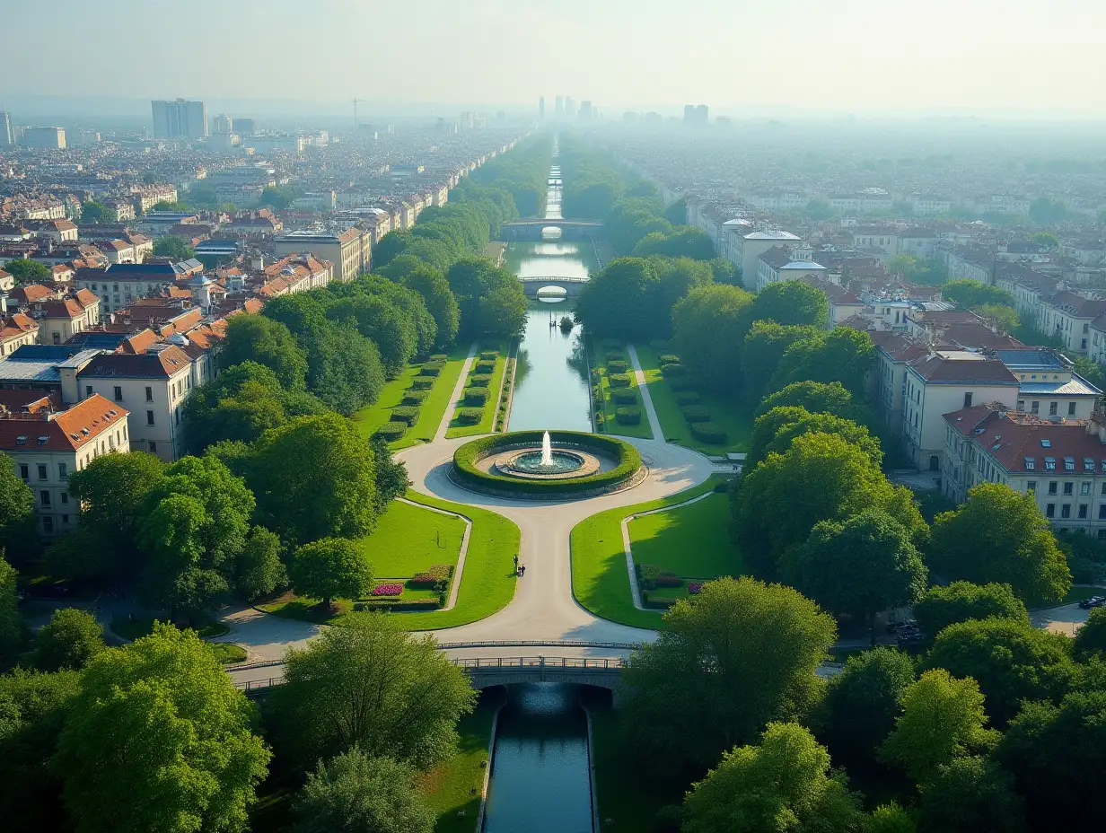 A city with green spaces and beautiful from above