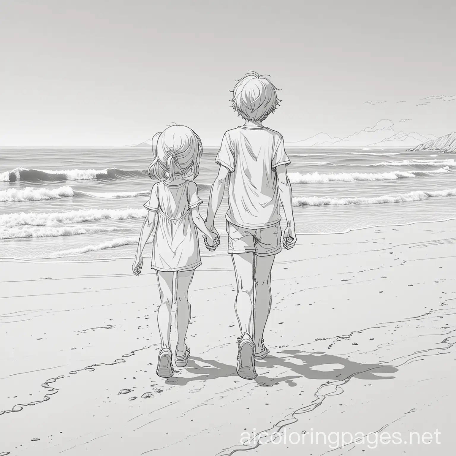 Anime-Boy-and-Girl-Walking-at-the-Beach-Holding-Hands-Coloring-Page