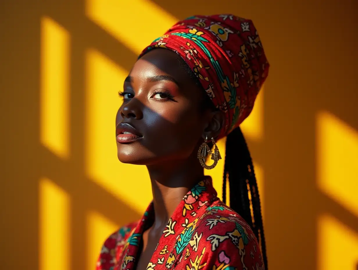 AI African woman with headscarf and long bright colorful clothing light shadows