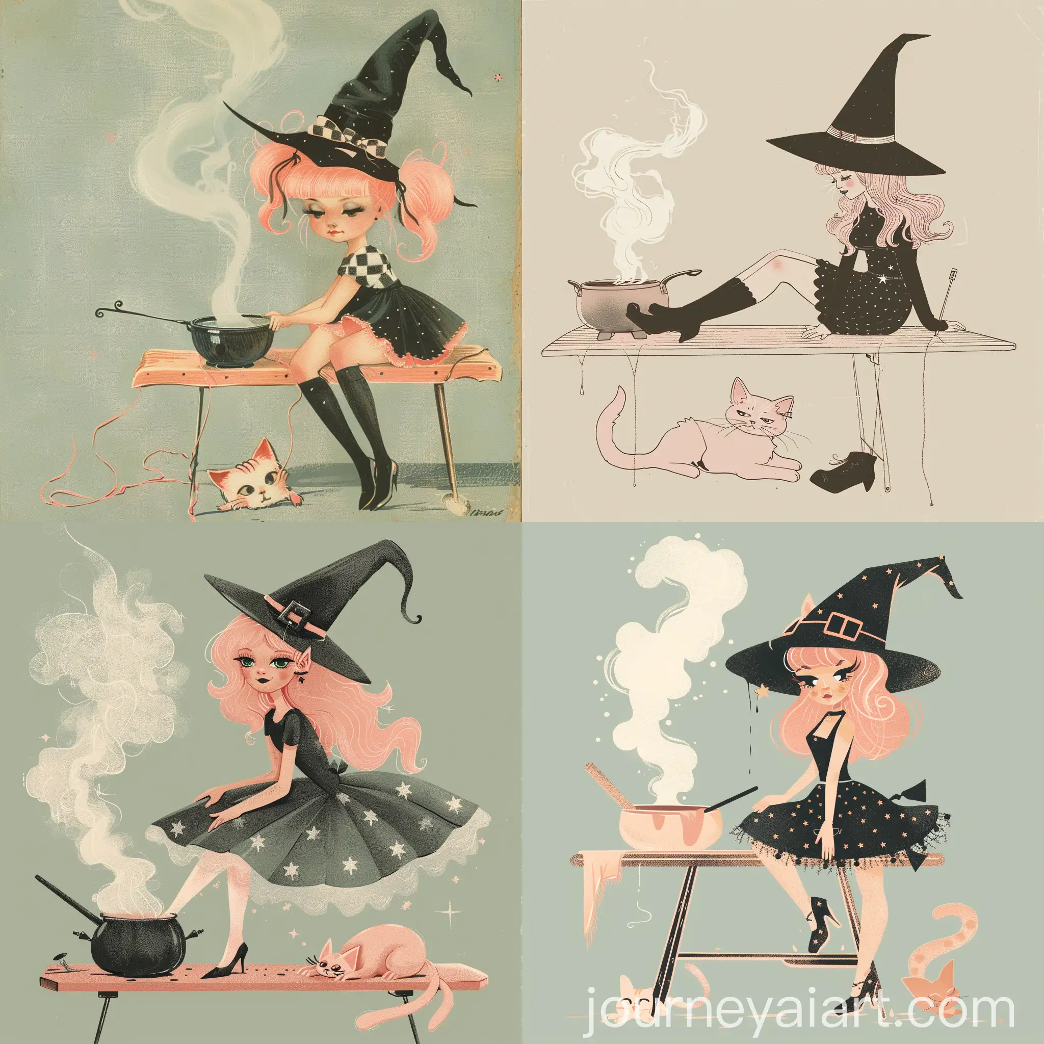 Vintage-Witch-on-Ironing-Board-with-Cauldron-and-Pink-Hair