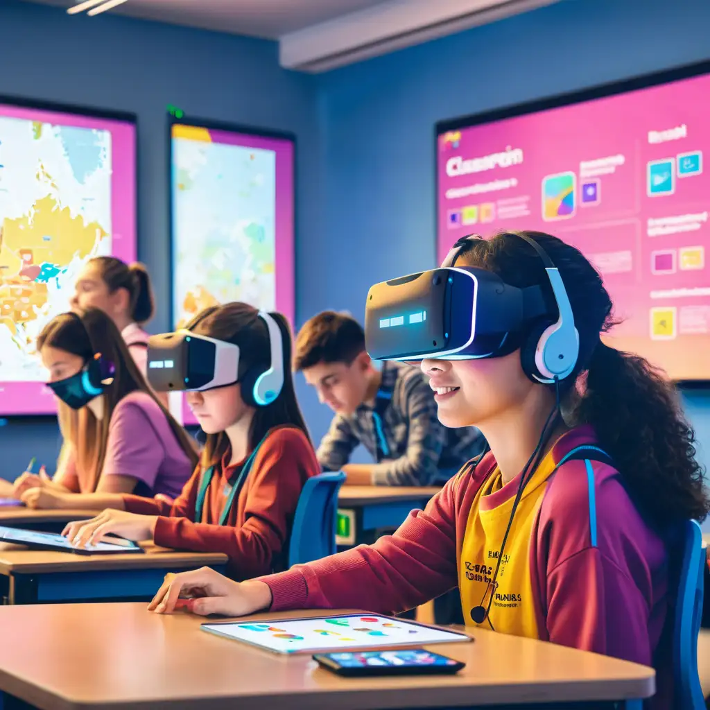 Diverse Classroom with Interactive AI Graphics Enhancing Student Engagement