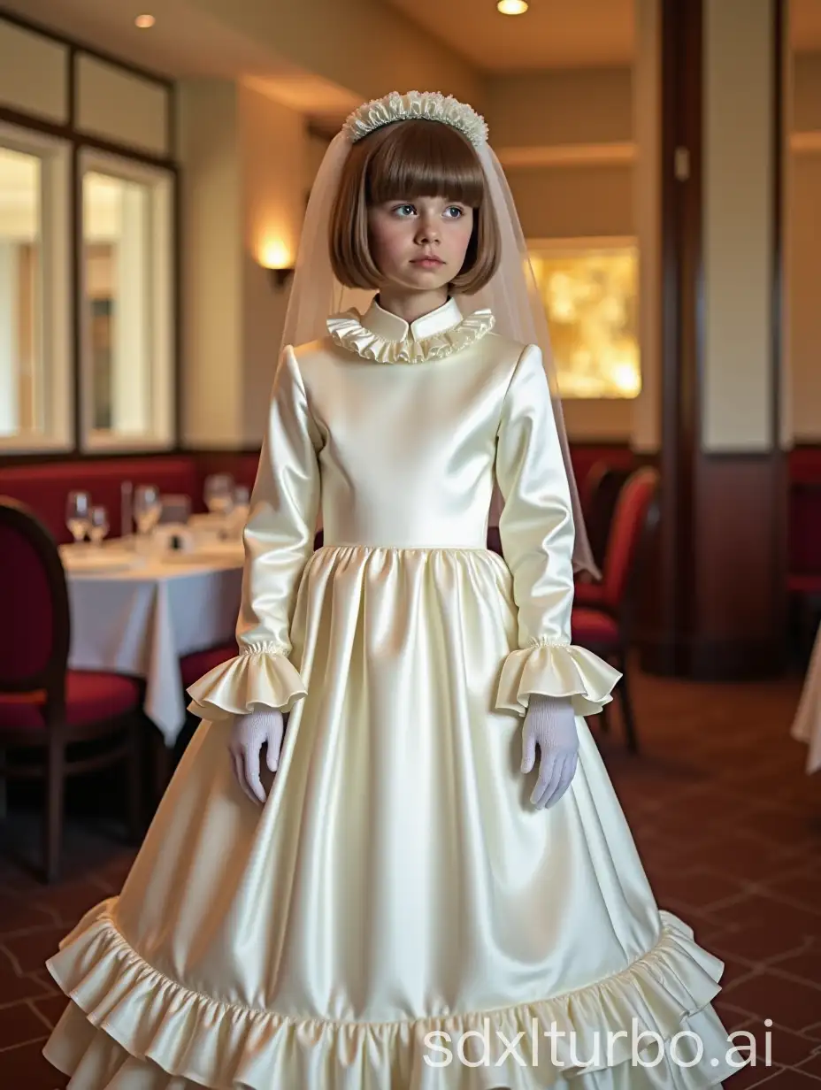 Teen with short straight hair standing in a restaurant in  a long white satin communion gown with many ruffles. High neck ruffled collar, ruffles at the end of the long arms and hem. the teen is wearing white satin gloves and a communion veil The look on the face ashamed and scared. Attractive 40 year old mom is standing beside and laughing down at the teen.