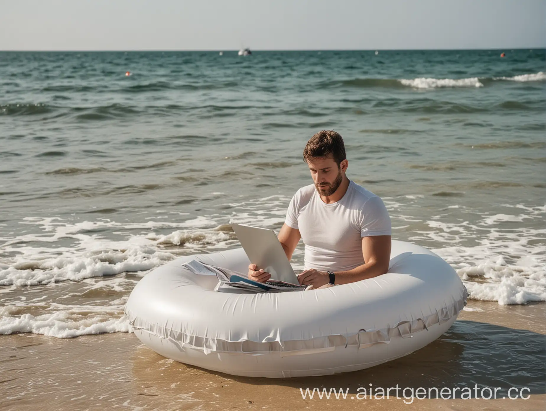 Man-Sitting-in-Inflatable-Ring-on-Sea-with-Notebook