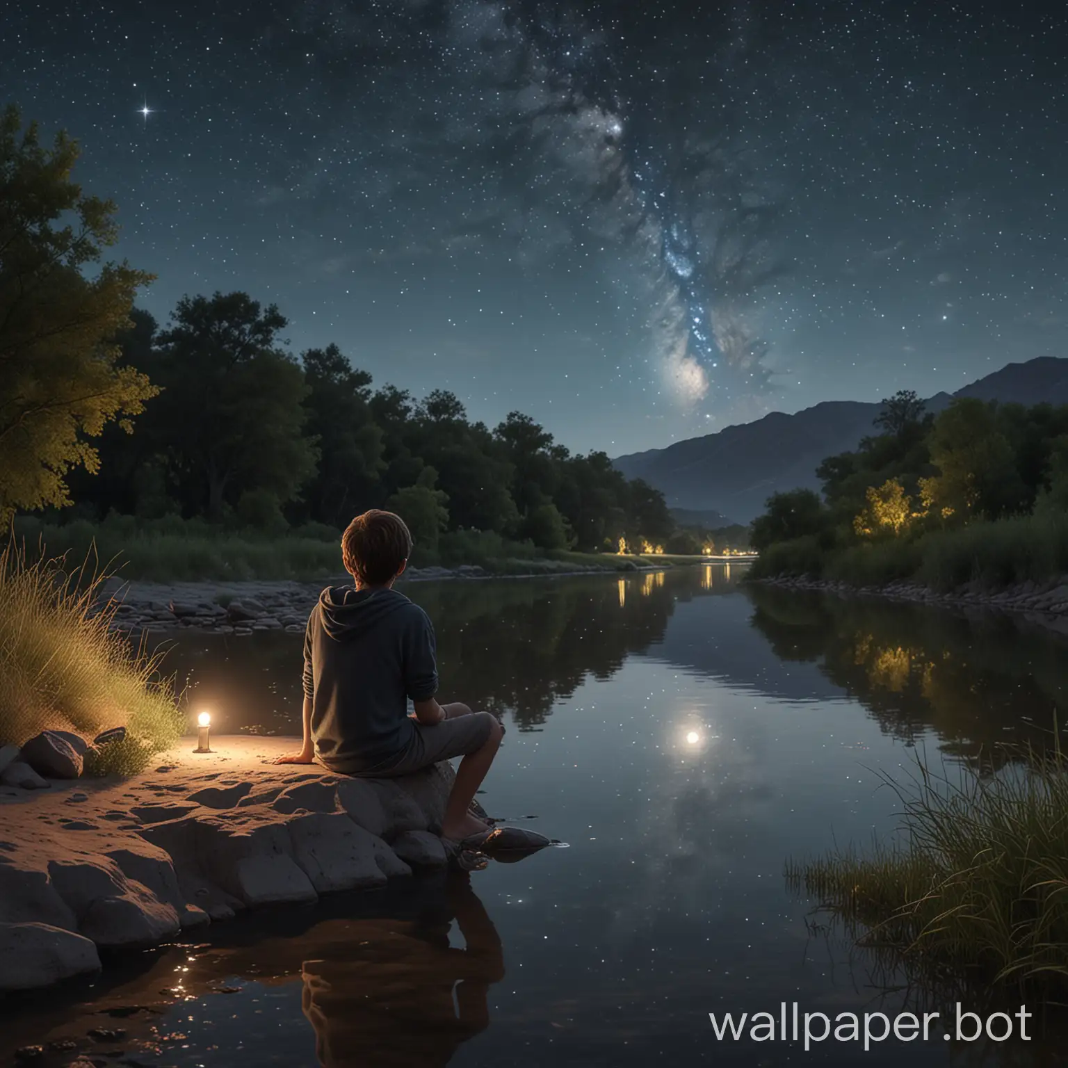 Boy-Enjoying-Serene-Night-by-Riverbank-under-Starry-Sky