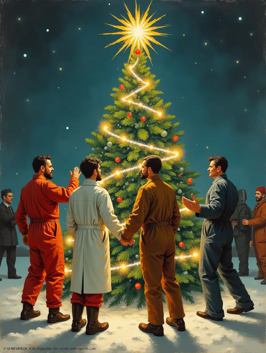 a worker in a jumpsuit, a scientist in a white lab coat, an engineer in special clothing, a welder in a robe and an atomworker in a protective suit are dancing around a christmas tree made of atoms, painted in oil in the style of socialist realism