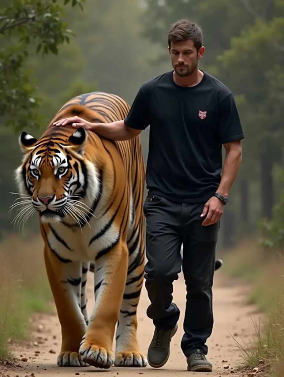 a man in casual black clothes is walking with a very giant tiger