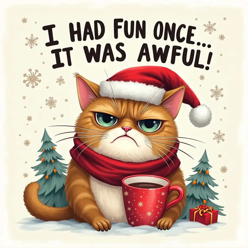 Oil painting ART. Create a humorous Christmas-themed graphic featuring a grumpy cat wearing a Santa hat and scarf, holding a cup of hot chocolate. The cat should have an exaggerated, disgruntled expression. The text 'I HAD FUN ONCE... IT WAS AWFUL' should be prominently displayed in bold, contrasting fonts, with a playful, handwritten style. The background should be a light, neutral color with snowflakes and glitter. Consider adding other festive elements, such as a Christmas tree or presents, to enhance the visual appeal. The overall style should be lighthearted and fun, with a touch of irony.