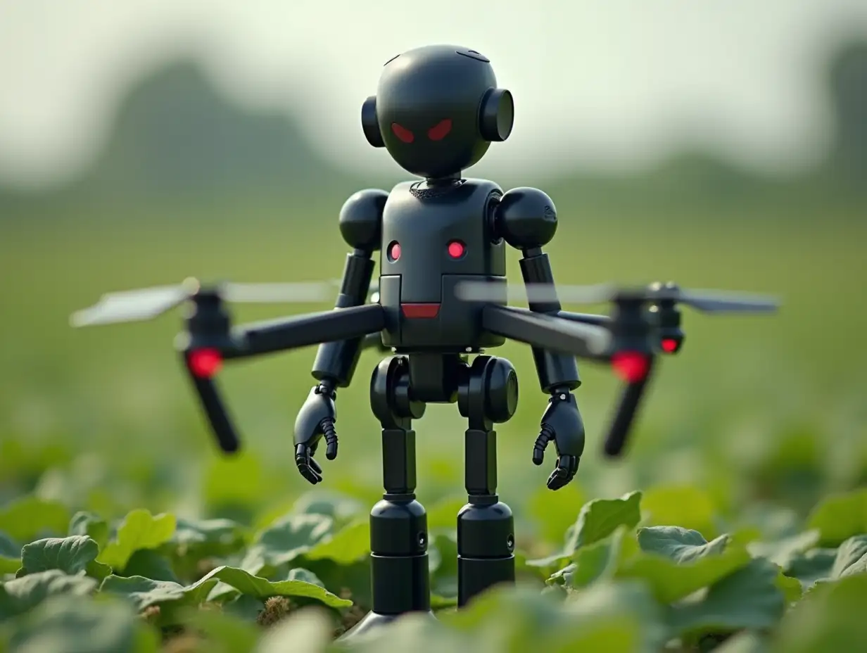 make a black robot doll next to a huge black drone on a realistic soybean farm show the soybean peas