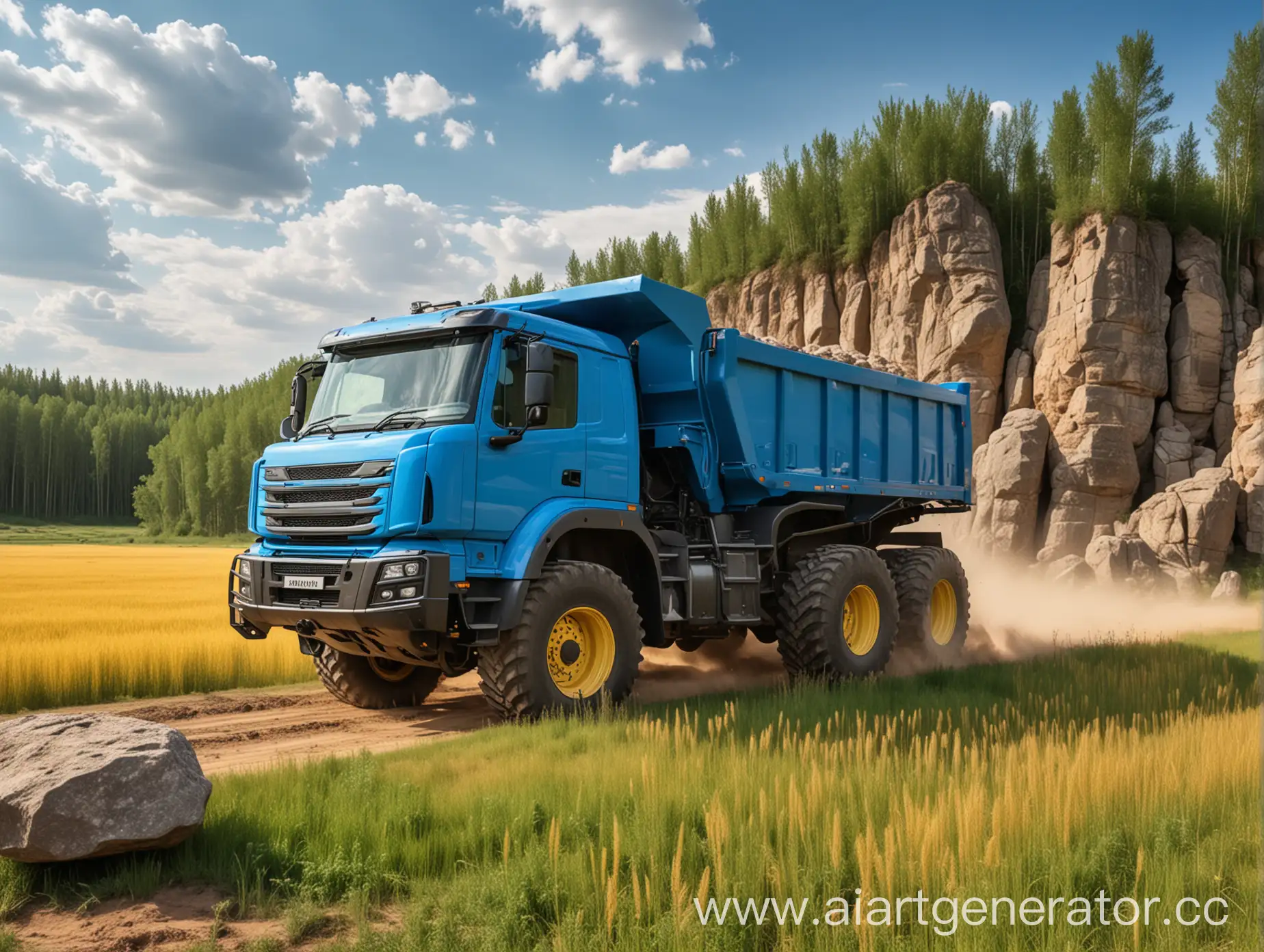 Big-Modern-Blue-Cabin-Truck-OffRoad-Adventure-through-Forest-and-Wheat-Field